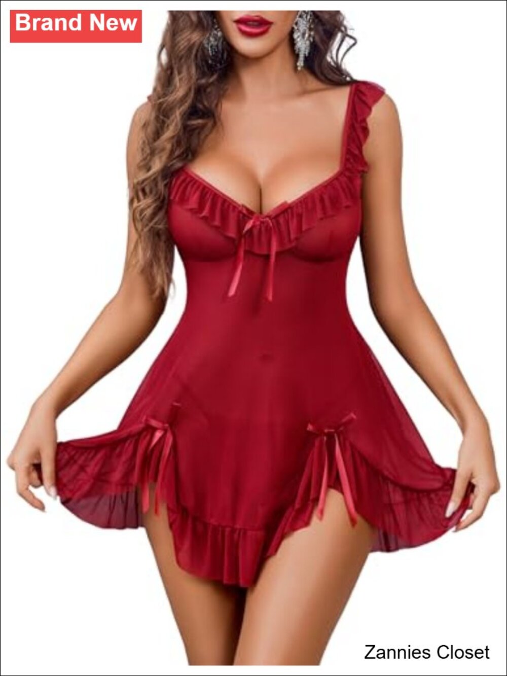 👻 Avidlove Bow Split Side Ruffle Mesh Babydoll Lingerie Dress 2 Piece